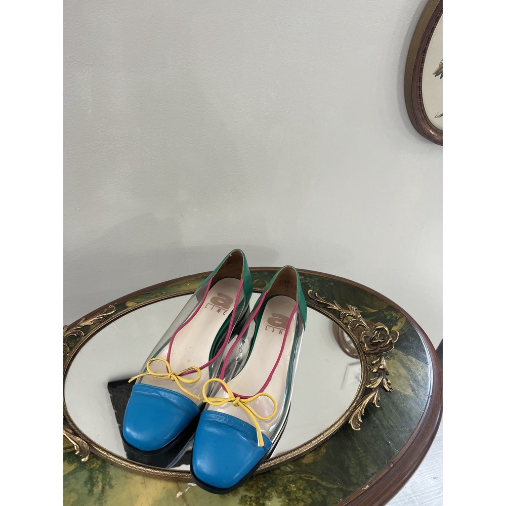 Vintage A-Line Colorblock Clear PVC & Leather Ballet Flats Colorful Bow Size 6